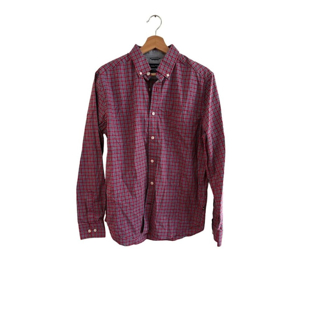 Nautica Men’s Classic Fit Button-Down Plaid Shirt Red/Blue Size M